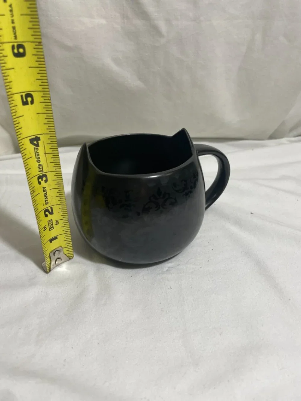 Cat Lady Box Black Ceramic Cat Ear Mug Floral Damask Coffee Cup 4”